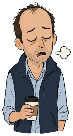 Gary, a tired senior engineer holding a coffee