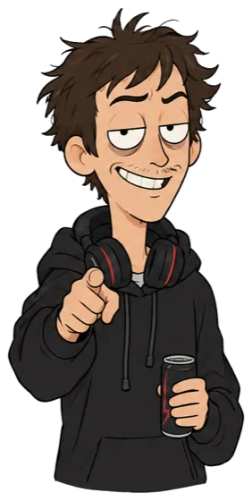 Tyler, a junior engineer in a hoodie holding an energy drink
