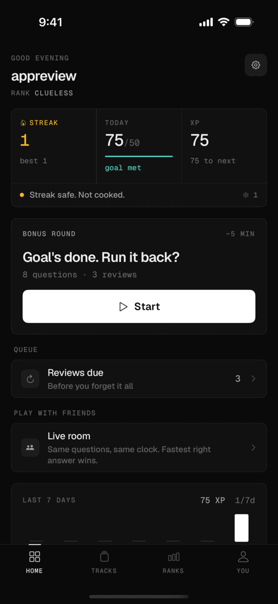 Know Your Sh*t home screen with streak, daily goal and today’s session